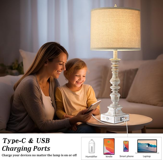 Farmhouse Table Lamps for Bedroom Set of 2 Vintage 3-Way Dimmable Touch Control Nightstand Lamps, Bedside Lamps for Living Room, Traditional Nightstand Lamp End Table lamps 28.5" (Bulbs Included)