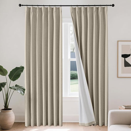 Joydeco 100% Blackout Pleated Curtains, Linen Window Curtains 2 Panel Sets 108 inches Long, Thermal Insulated Darkening Drapes for Bedroom(Cobblestone,40'' Wx108'' L)
