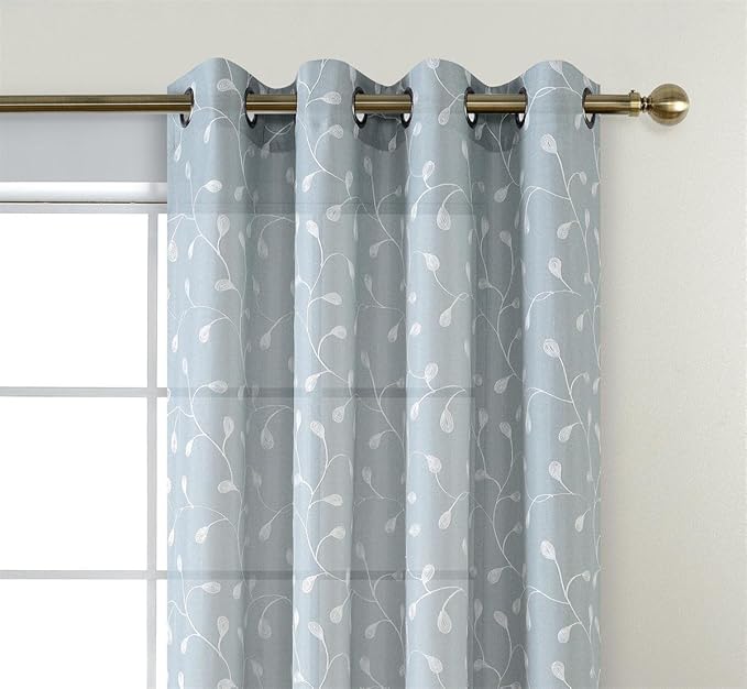 MIUCO Floral Embroidered Semi-Sheer Curtains Faux Linen Grommet Window Panel Pair for Nursery 52 x 63 Inch, Sea Foam