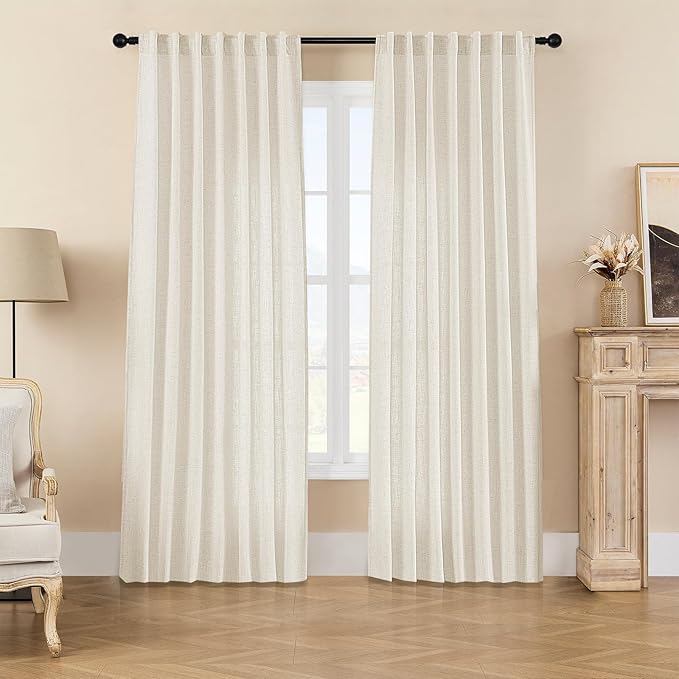 Joydeco Linen Curtains 2 Panel Set, Light Filtering, Ivory Linen Curtains 90 Inch Cream Drapes with Rod Pocket Back Tab (90" L x 37" W)
