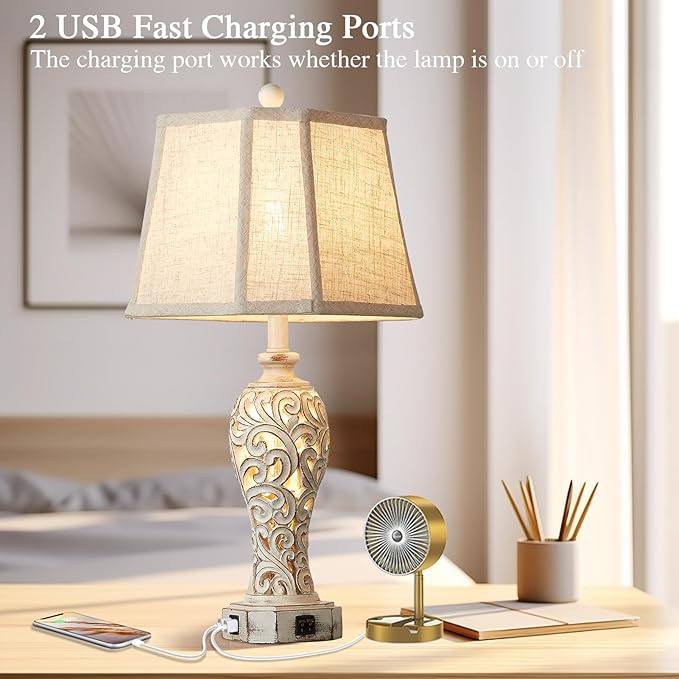Set of 2 Rustic Table Lamps for Living Room Bedroom, Farmhouse Vintage Nightstand Lamp with 2 USB Ports, Hollow Out Resin Lamp for End Table with Nightlight, Bulbs Included (Wash White)