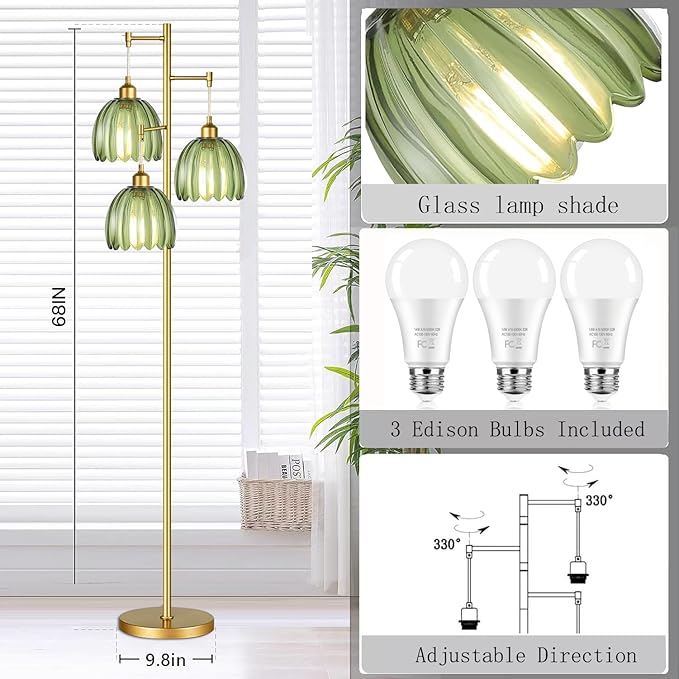 Gold Floor Lamp for Living Room,Bedroom,Mid Century Modern Standing Lamp Brass Tree 3 Light Tall Floor Lamps Vintage Retro Floor Lights Glass Green Flower Lamp Shade Farmhouse Boho Bohemian