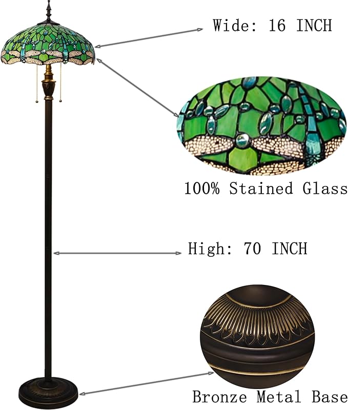 Tiffany Floor Lamp Stained Glass Lamp Standing Reading Light 16x16x70 Inch for Living Room (Green Dragonfly)