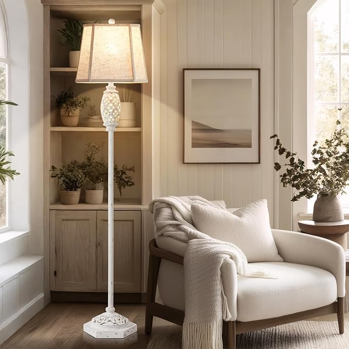 Luvkczc Rustic Floor Lamp with Floral Cutouts & Light, Vintage Farmhouse Style Standing Lamp Resin Floor Lamps for Living Room, Bedroom,Study (Bulb Included)