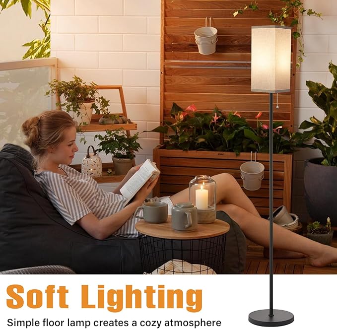 Ambimall Floor Lamp with 3 Color Temperatures Bulb & Pull Chain Switch, 64" Standing lamp, Beige Square Shade & Black Pole