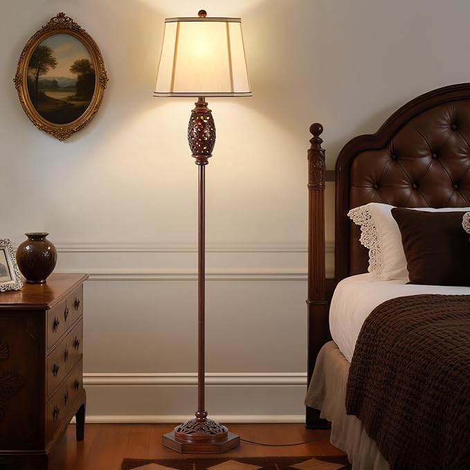 Luvkczc Vintage Floor Lamp - Brown Carved Resin with Hollow Light Design, Rustic Standing Lamp for Living Room, Bedroom, Study(Bulb Included)