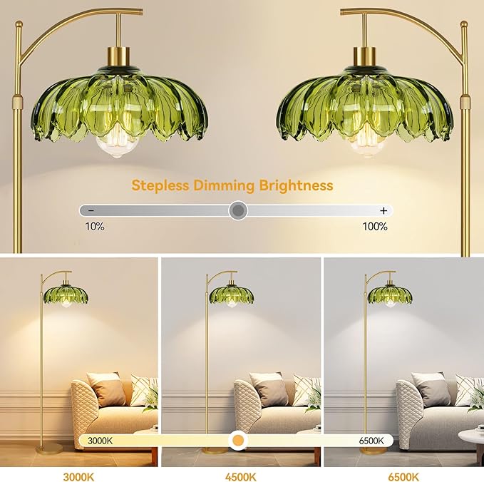 Gold Floor Lamps for Living Room Glass Vintage Floor Lamp with Remote Control,Dimmable Mid Century Modern Standing Lamp with 3 Color Temperature Tall Flower Lamp Brass Floor lamp for Bedroom Corner