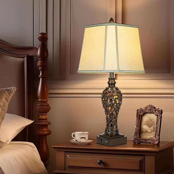 28.5" high Vintage Brown Table Lamps Set of 2 - Bedside Lamp with Faux Silk Shades - for Bedroom and Living Room with USB and Nightlight - Perfect for Nightstands and Bedrooms (Bulb Included)