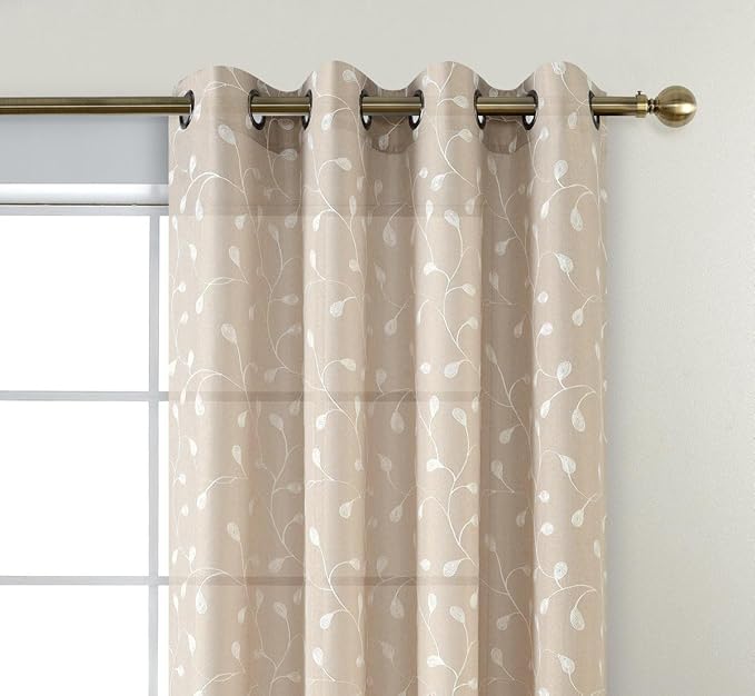 MIUCO Floral Embroidery Semi Sheer Curtains Faux Linen Grommet Window Curtains for Bedroom 52 x 63 Inch 2 Panels, Linen