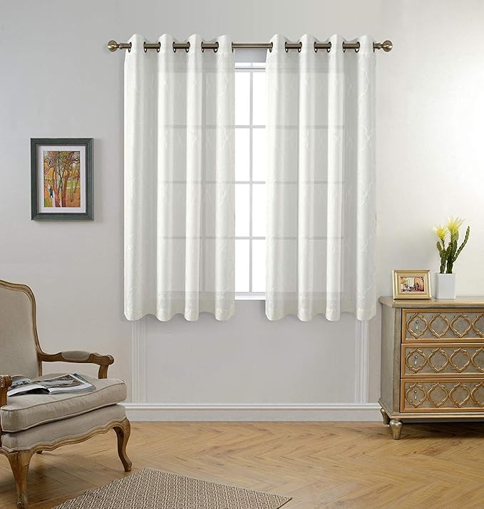 MIUCO Moroccan Embroidery Semi Sheer Curtains Faux Linen Grommet Window Curtains for Bedroom Living Room 63 Inch Length 2 Panels, Pure White