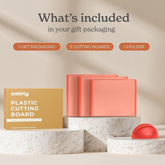 SMIRLY Plastic Cutting Board Set with Holder 3 Pieces, Non-Slip Dishwasher Safe Chopping Boards for Kitchen, Pink