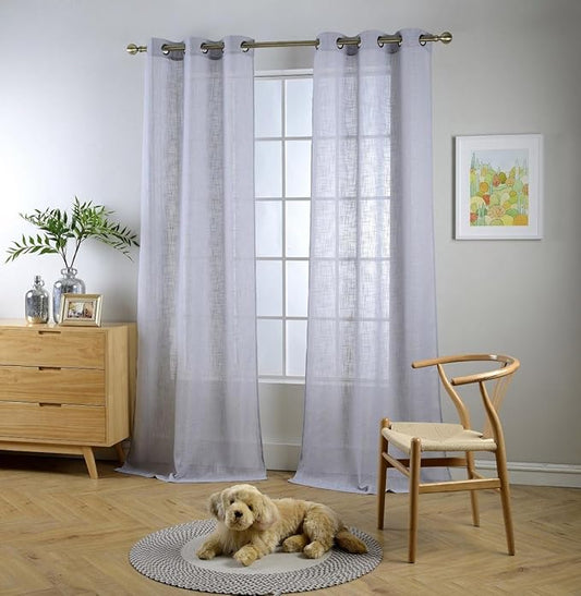 MIUCO Semi Sheer Curtains Poly Linen Textured Solid Grommet Curtains 95 Inches Long for Bedroom 2 Panels (2 x 37 Wide x 95" Long) Silver