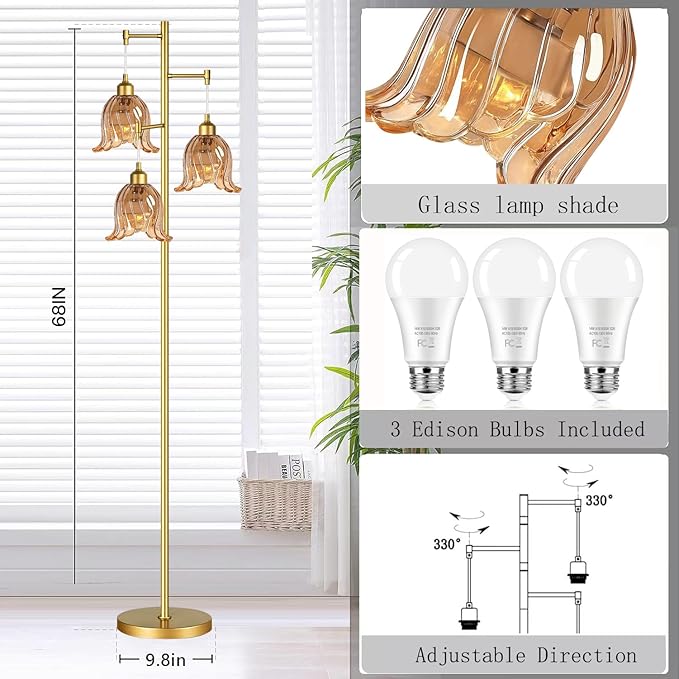 Gold Floor Lamp for Living Room,Bedroom,Tree 3 Light Standing Lamp Mid Century Modern Brass Tall Floor Lamps Vintage Retro Floor Lights Glass Flower Amber Lamp Shade Farmhouse Boho Bohemian