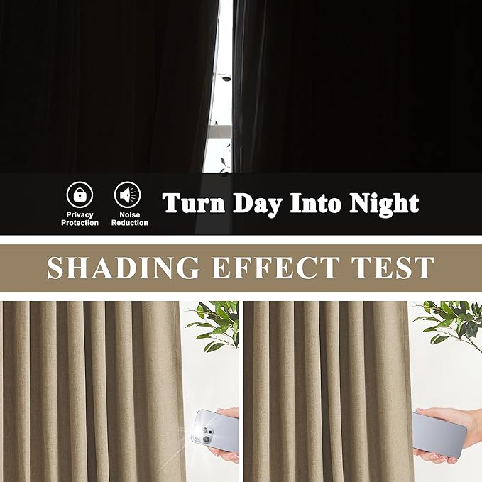Vision Home Brown Pinch Pleated Full Blackout Curtains Linen Blended 60" Wide Thermal Insulated Window Panels 120 inch for Bedroom Living Room Darkening Pleat Drapes with Hooks Back Tab 60" Wx120 Lx1