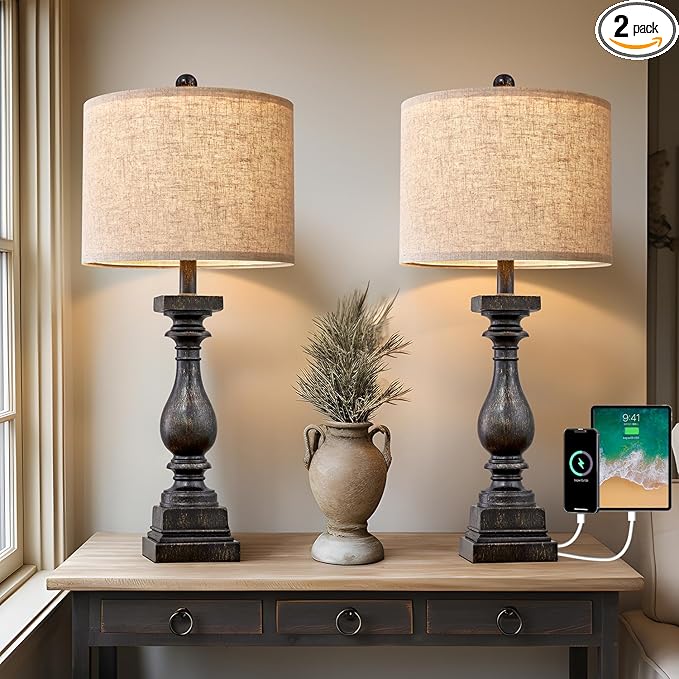 BOBOMOMO 27" Farmhouse Table Lamp Set of 2 with USB A+C for Bedroom Living Room Vintage Rustic Traditional Nightstand Bedside Lamps Retro Side Table Lamps (Black)