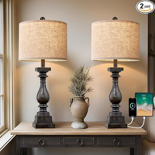 BOBOMOMO 27" Farmhouse Table Lamp Set of 2 with USB A+C for Bedroom Living Room Vintage Rustic Traditional Nightstand Bedside Lamps Retro Side Table Lamps (Black)