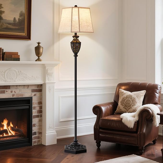 Luvkczc Vintage Black Floor Lamp - Hand-Painted Gold Resin with 6-Sided Carved Hollow Nightlight, Traditional Standing Lamp for Living Room, Bedroom, Study (Bulb Included)