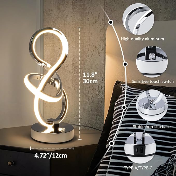 Modern Table Lamp, LED Bedside lamp with USB C+A Ports, Touch Stepless Dimmable Nightstand lamp, Unique Spiral Table lamp for Bedroom Living Room Home Office, LED Spiral lamp, Silver