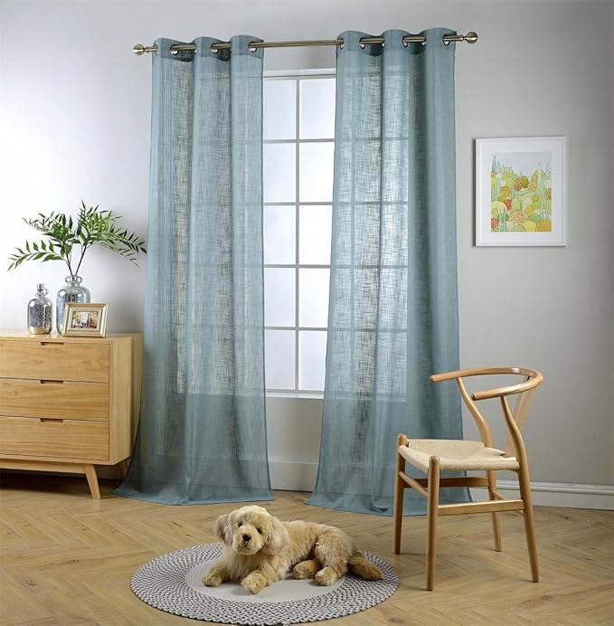 MIUCO Semi Sheer Curtains Poly Linen Textured Solid Grommet Curtains 63 Inches Long for Living Room 2 Panels (2 x 37 Wide x 63" Long) Teal