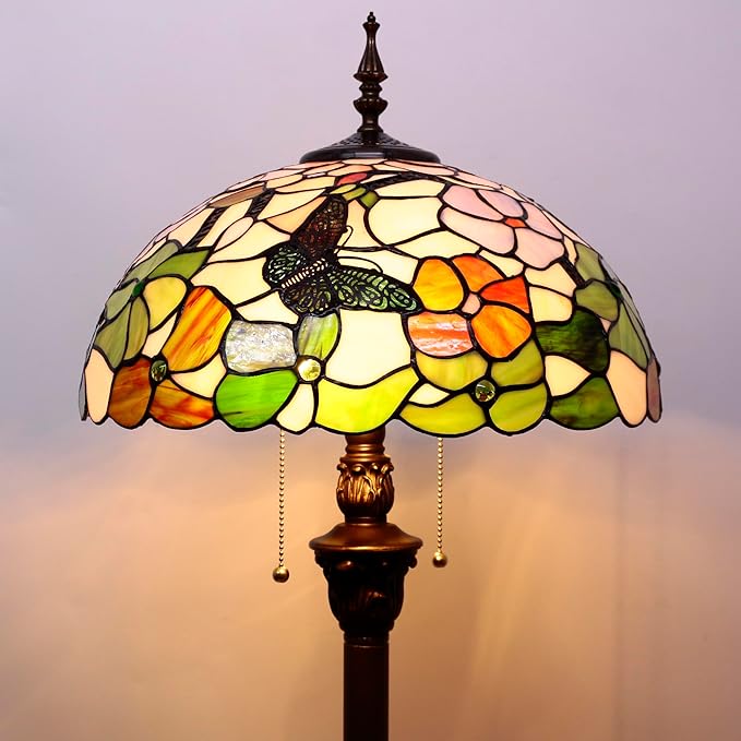 Tiffany Floor Lamp Stained Glass Lamp Standing Reading Light 16x16x70 Inch for Living Room (Butterfly Flowers)