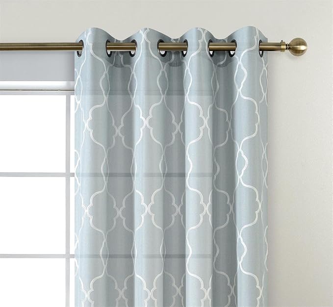 MIUCO Moroccan Embroidered Semi-Sheer Curtains Faux Linen Grommet Window Panel Pair for Nursery 52 x 63 Inch, Sea Foam