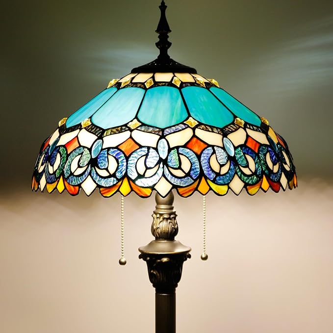 Tiffany Floor Lamp Stained Glass Lamp Standing Reading Light 16x16x70 Inch for Living Room (Blue Jewelry Baroque Style)