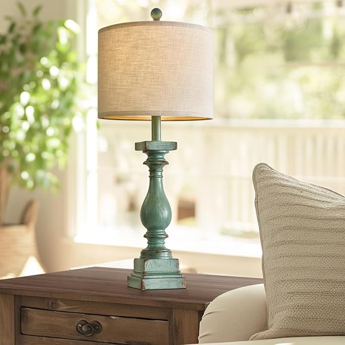 BOBOMOMO 27" Farmhouse Table Lamp Set of 2 with USB A+C for Bedroom Living Room Vintage Rustic Traditional Nightstand Bedside Lamps Retro Side Table Lamps (Green)