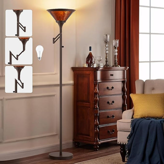 Floor Lamps for Living Room - 70" Brown Torchiere Standing Floor Lamp with Adjustable Swing Arm - Tall Corner Lamp Decor for Bedroom with Mica Shade LED Reading Light for Home Office