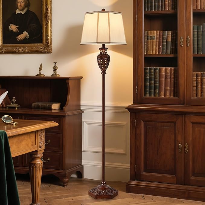 Luvkczc Vintage Floor Lamp - Brown Resin 6-Sided Carved Hollow Light Design, Mid-Century Modern Standing Lamp for Living Room, Bedroom, Study(Bulb Included)