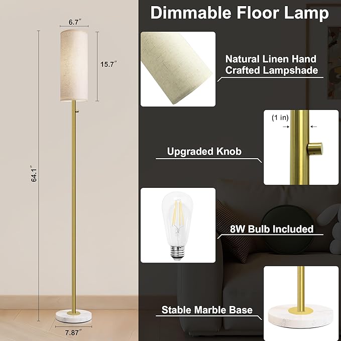 Dimmable Gold Floor Lamp for Living Room,Modern Standing Lamp with Marble Base,LED Bulb Included,Floor Lamps for Bedroom, Living Room,Office,Reading and Nursery(Gold Floor Lamp)