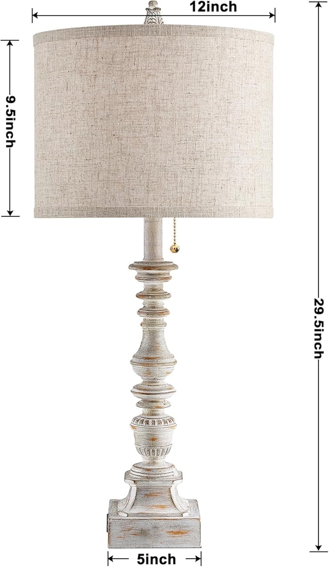 Set of 2 Farmhouse Table Lamps for Living Room, 29.5" Inch Tall Rustic Bedrooms Nightstand Table Lamp with USB-C & USB-A Charging + AC Outlet, Pull Chain Bedside Lamp for End Table, Antique White