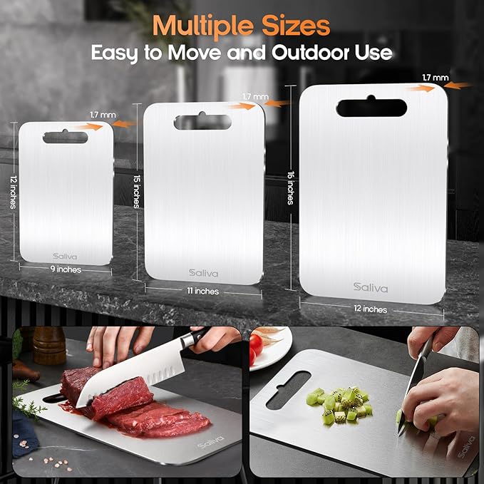 Saliva 3pcs Titanium Cutting Boards for Kitchen, Titanium Cutting Board Set of 3, Non Toxic Double Sided Food Grade, Dishwasher Safe, No Blunt Knife, Chopping Boards with Handle for Meat & Vegetable
