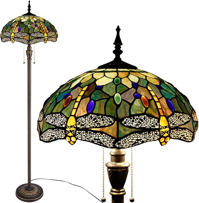 Tiffany Floor Lamp Stained Glass Lamp Standing Reading Light 16x16x70 Inch for Living Room (Amber Yellow Dragonfly)