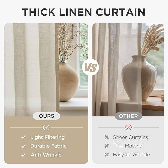 Joydeco Linen Curtains 84 Inch Length 2 Panels,Light Filtering Drapes 52 Inches Wide with Back Tab Rod Pockets (84" L x 52" W, Ivory on Linen)