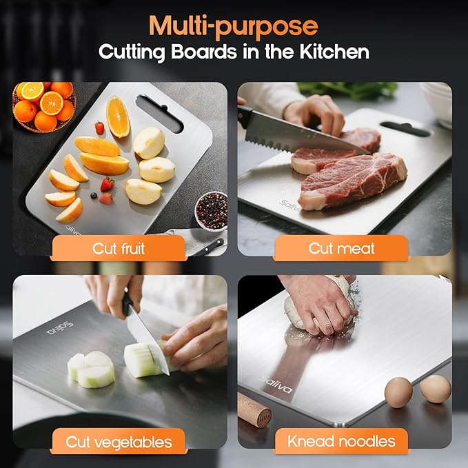 Saliva 3pcs Titanium Cutting Boards for Kitchen, Titanium Cutting Board Set of 3, Non Toxic Double Sided Food Grade, Dishwasher Safe, No Blunt Knife, Chopping Boards with Handle for Meat & Vegetable