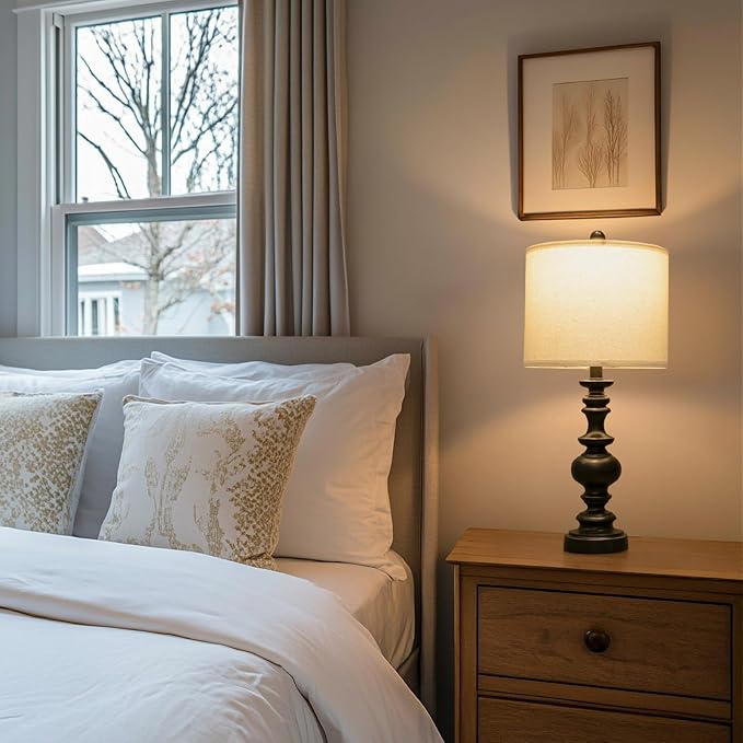 BOBOMOMO 24" Traditional Farmhouse Table Lamp Set of 2, Vintage Resin Lamps for Living Room Bedroom, Rustic Nightstand Lamp with Linen Shades, Retro Black Table Lamps for Living Room, Bedroom, Office