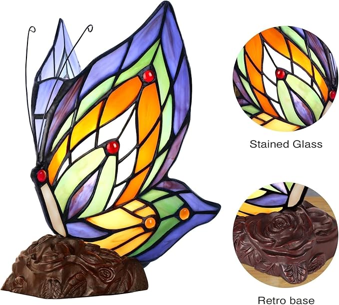 Tiffany Butterfly Table Lamp, 9'' Tall Vintage Stained Glass Lamp, Fairy Reading Night Light for Bedroom Living Room, 1 LED Bulb Included