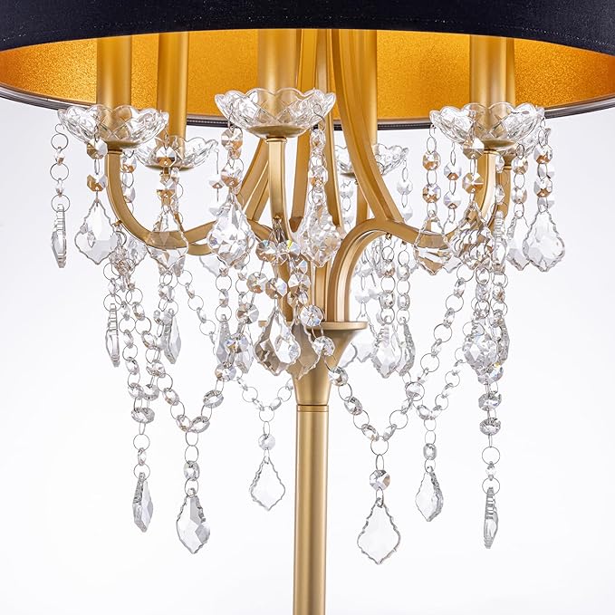 Wellmet Gold Crystal Drum Shade Floor Lamp, 6 Light Black Gold Shade, Candle Base for Living Room, Bedroom, Reading Room, Hallway, Corridor