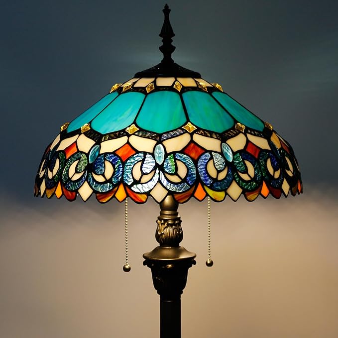 Tiffany Floor Lamp Stained Glass Lamp Standing Reading Light 16x16x70 Inch for Living Room (Blue Jewelry Baroque Style)