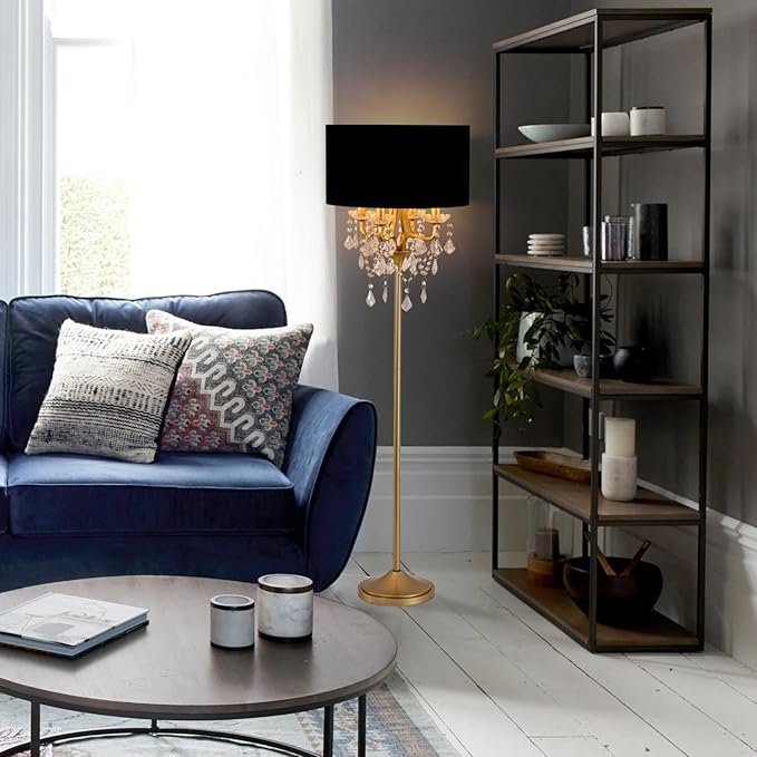 Wellmet Gold Crystal Drum Shade Floor Lamp, 6 Light Black Gold Shade, Candle Base for Living Room, Bedroom, Reading Room, Hallway, Corridor