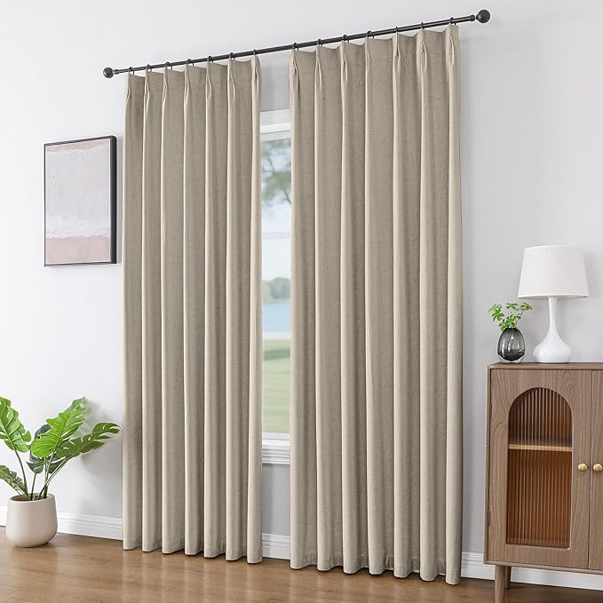 Joydeco Pleated Curtains for Living Room Bedroom, Linen Drapes 90 inch Length 2 Panels Set, Blackout Thermal Insulated Curtain(Cobblestone,40'' Wx90'' L)