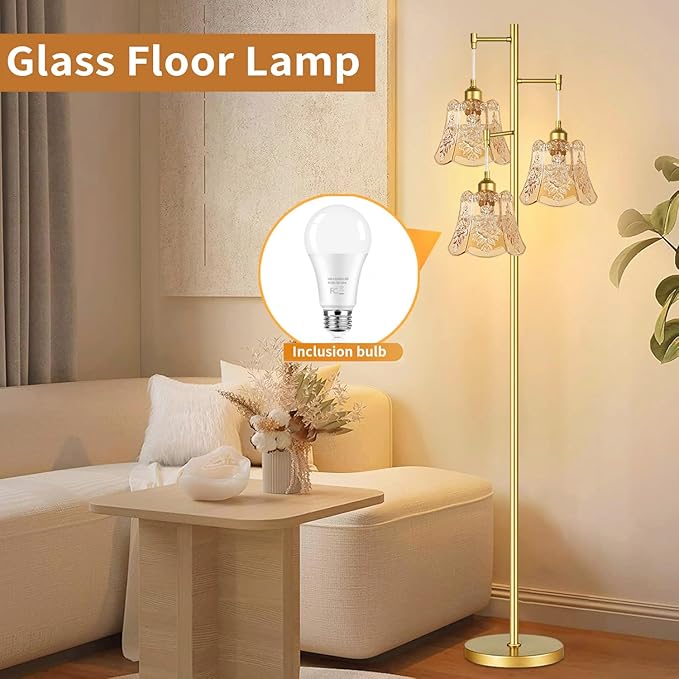 Gold Floor Lamp for Living Room,Bedroom,Tree 3 Light Standing Lamp Mid Century Modern Brass Tall Floor Lamps Vintage Retro Floor Lights Glass Green Flower Lamp Shade Farmhouse Boho Bohemian