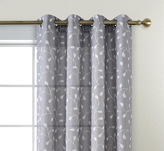 MIUCO Floral Embroidered Semi Sheer Curtains Faux Linen Grommet Curtain Panels for Bedroom 52 x 95 Inch 2 Panels, Grey
