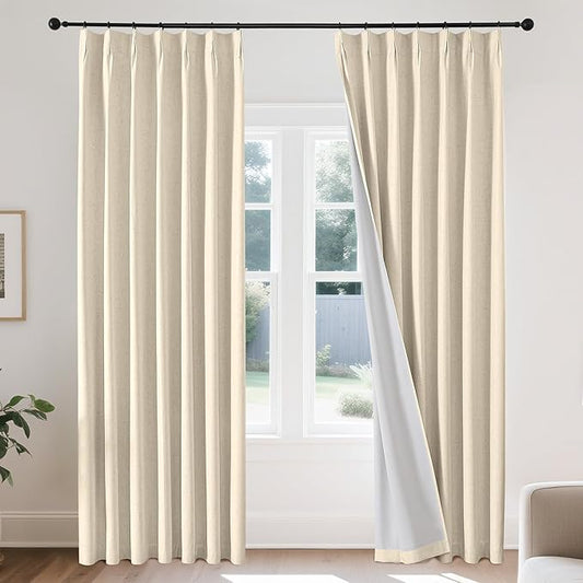 Joydeco Pleated Curtains for Living Room Bedroom, Linen Drapes 90 inch Length 2 Panels Set, Blackout Thermal Insulated Curtain(Bleached Sand,40'' Wx90'' L)