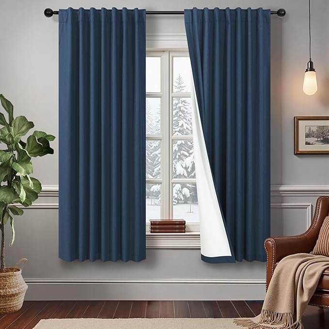 Navy Blue Linen Black Out Curtains 63 Inch Long 2 Panels Burg Thermal Insulated Total Blackout Window Shades Light Blocking Dark Curtains for Living Room Kids Children Boy Bedroom 63 Length White Back