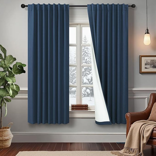 Navy Blue Linen Black Out Curtains 63 Inch Long 2 Panels Burg Thermal Insulated Total Blackout Window Shades Light Blocking Dark Curtains for Living Room Kids Children Boy Bedroom 63 Length White Back
