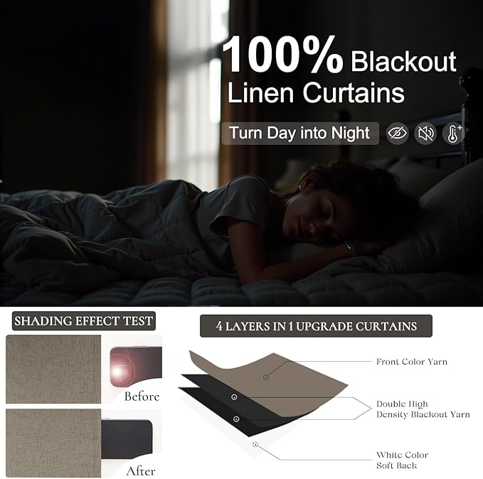 Light Brown Linen Blackout Curtains 96 Inches Long Back Tab Pocket Neutral Earthy Thermal Black Out Curtains for Living Room Sliding Glass Door Burg Floor to Ceiling Window Drapes 2 Panels 8ft Length