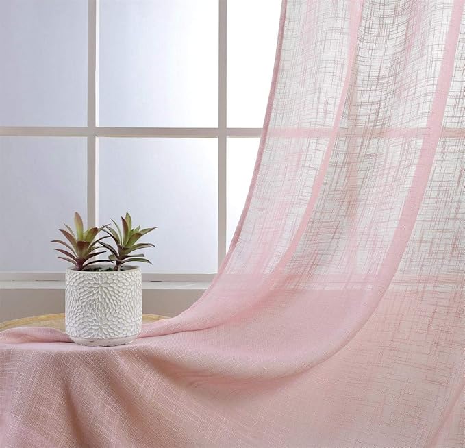 MIUCO Semi Sheer Curtains Poly Linen Textured Solid Grommet Curtains 84 Inches Long for Girls Room 2 Panels (2 x 37 Wide x 84" Long) Pink