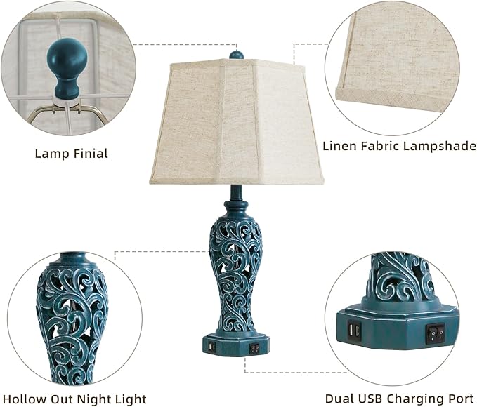 25'' Farmhouse Table Lamps Set of 2 for Living Room Bedroom, 2 USB Ports Coastal Vintage Table Lamp with Nightlight, Blue Green Hollow Out Resin Lamp for End Table (Bulbs Included)