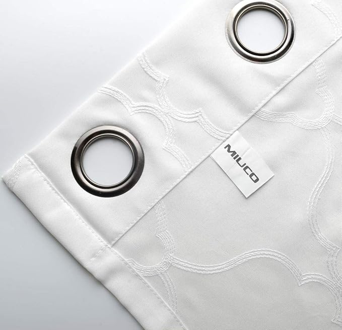 MIUCO Moroccan Embroidered Semi Sheer Curtains Faux Linen Grommet Window Curtains for Bedroom Living Room 95 Inches Long 2 Panels, Pure White